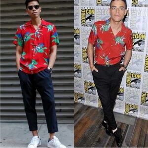 Sandro Red Tropical Print Casual Button Down Shirt